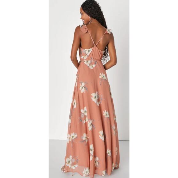 Lulu's All Mine Rusty Rose Floral Print High-Low Wrap Maxi Dress Wedding Guest L - Picture 5 of 14
